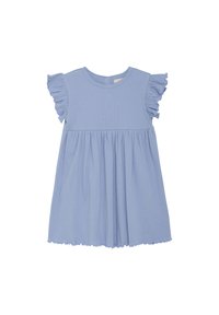 Hellblau geripptes Kleid mit kurzen Rüschensäumen, runder Ausschnitt und gerafftem Rock. Verfügt über einen Knopfverschluss auf der Rückseite.