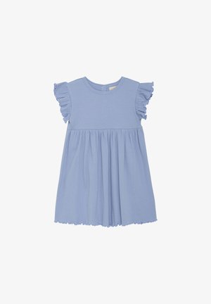 Ljusblå ribbad klänning med korta volangärmar, rund halsringning och rynkad kjol. Har en knappstängning bak.