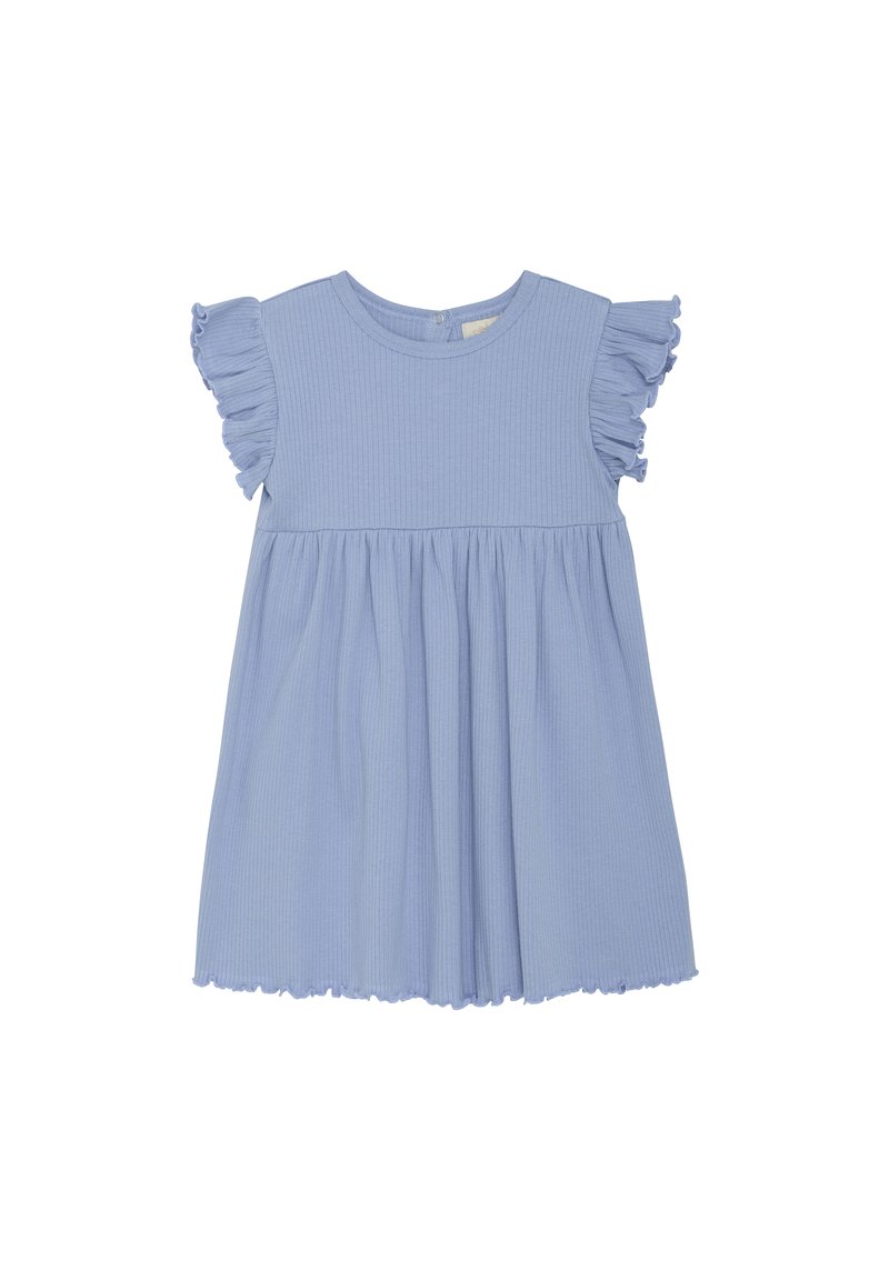 Hellblau geripptes Kleid mit kurzen Rüschensäumen, runder Ausschnitt und gerafftem Rock. Verfügt über einen Knopfverschluss auf der Rückseite.