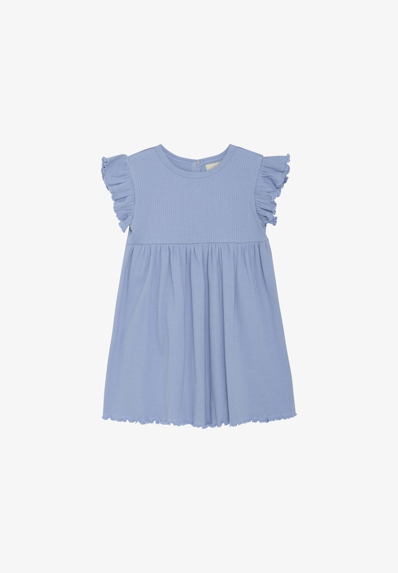 Hellblau geripptes Kleid mit kurzen Rüschensäumen, runder Ausschnitt und gerafftem Rock. Verfügt über einen Knopfverschluss auf der Rückseite.