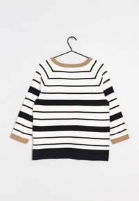 Gestreepte trui met zwarte en witte horizontale strepen, ronde hals met beige ribbelafwerking. Lange mouwen, beige accenten op de mouwen, ontspannen pasvorm.