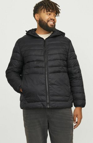 Black puffer jacket with a hood, featuring quilted design, front zipper, elastic cuffs, and side pockets. Smooth, lightweight fabric.