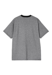 Prosta szara koszulka z krótkim rękawem oraz czarnym okrągłym dekoltem, pokazana z tyłu na białym tle.