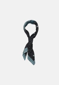 Black and teal silk scarf, featuring a star pattern and celestial motifs, with a smooth texture and triangular ends. Knotted design.