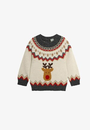 Maglione lavorato a maglia bianco e grigio con design di renna, naso rosso e motivi geometrici in rosso e marrone sul collo e sull'orlo. Maniche lunghe.