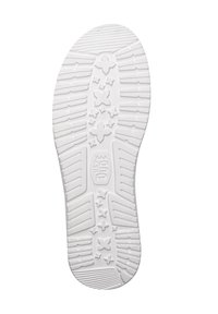 Sole di scarpa in gomma bianca caratterizzata da un motivo di battistrada testurizzato con forme varie, tra cui stelle e simboli a croce, per una migliore aderenza e trazione.