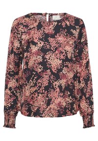 Blouse à manches longues fleurie avec des nuances de rose et de bordeaux sur un fond marine, présentant un dos à ouverture en keyhole et des poignets froncés.