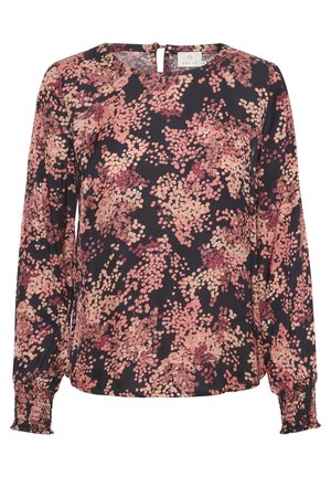 Blommig långärmad blus i nyanser av rosa och bordeaux på en marinblå bakgrund, med nyckelhålsrygg och samlade manschetter.