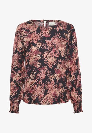 Floral long-sleeve blouse with shades of pink and burgundy on a navy background, featuring a keyhole back and gathered cuffs.