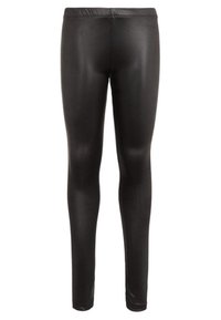 Leggings negros con una textura lisa y brillante. Disponen de una cinturilla elástica ancha y una silueta ajustada. Sin patrones ni herrajes visibles.