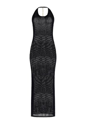 Abito lungo nero senza maniche in maglia con scollo halter e motivo a righe verticali traforate.