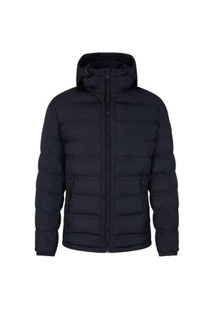 Giacca imbottita blu navy con cappuccio, chiusura frontale con zip, due tasche laterali con zip e polsini elasticizzati, caratterizzata da un design trapuntato e una texture liscia.