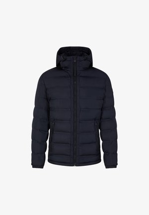 Marineblaue Daunenjacke mit Kapuze, Reißverschluss vorne, zwei seitlichen Reißverschlusstaschen und elastischen Bündchen, ausgestattet mit einem gesteppten Design und glatter Textur.
