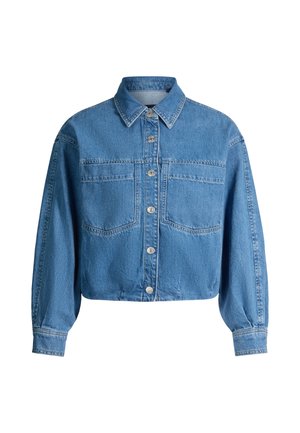 Blaue, kurze Jeansjacke mit Knopfleiste vorne, zwei Brusttaschen, langen, gepufften Ärmeln und klassischem Kragen.