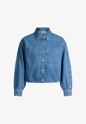 Blaue, kurze Jeansjacke mit Knopfleiste vorne, zwei Brusttaschen, langen, gepufften Ärmeln und klassischem Kragen.