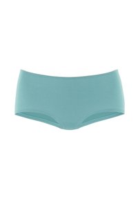 Aqua-blue hipster style underwear made of soft, smooth fabric, featuring a seamless design and no visible accents or patterns.
