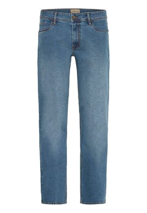 Helle blaue Jeans aus Denim mit geradem Bein, fünf Taschen und kontrastierenden Nähten. Der Stoff hat eine weiche, strukturierte Oberfläche.