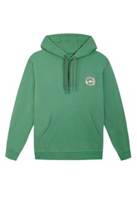 Green hooded sweatshirt made of cotton blend fabric, featuring a front kangaroo pocket, drawstrings with patterned accents, and a circular logo.