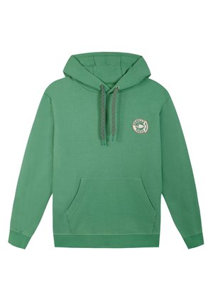 Grüne Kapuzenjacke aus Baumwollmischgewebe, mit einer frontalen Kängurutasche, Kordeln mit gemusterten Akzenten und einem runden Logo.