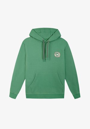 Grüne Kapuzenjacke aus Baumwollmischgewebe, mit einer frontalen Kängurutasche, Kordeln mit gemusterten Akzenten und einem runden Logo.