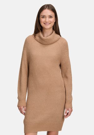 Beige Strickkleid mit Rollkragen, langen Ärmeln und Rippstruktur. Verfügt über eine lässige Passform und eine Länge bis zur Mitte des Oberschenkels.