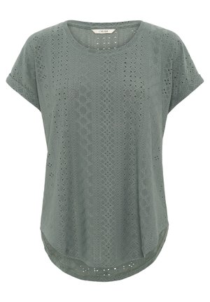 Olivi vihreä lyhythihainen paita, jossa on tekstuuripinta, geometrisia lävistyksiä, pyöristetty helma ja rento istuvuus. Materiaali näyttää pehmeältä ja hengittävältä.