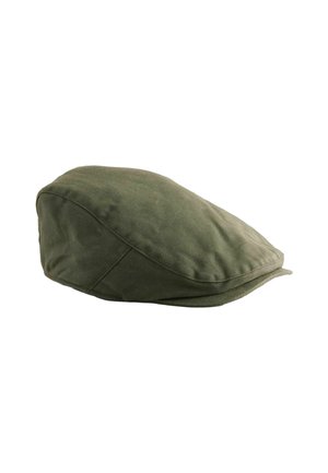 Olive green flat cap made of soft cotton fabric. Features stitched detailing and a rounded shape with a curved brim.