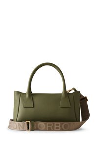 Borsa a tracolla verde in pelle con doppi manici, forma strutturata, finitura testurizzata e cinturino rimovibile marrone con la parola "BORBON" in lettere ben visibili.