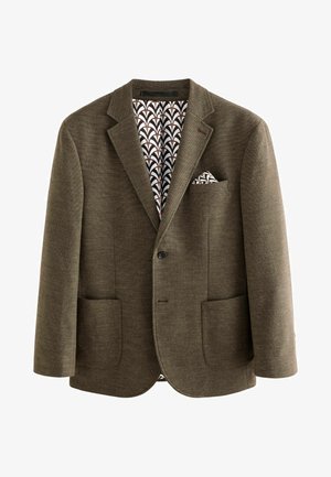 Brauner strukturierter Blazer mit Reverskragen, zwei vorderen Taschen, schwarzer Knopfverschluss und einem gemusterten Innenfutter mit weißen und orangen Akzenten.
