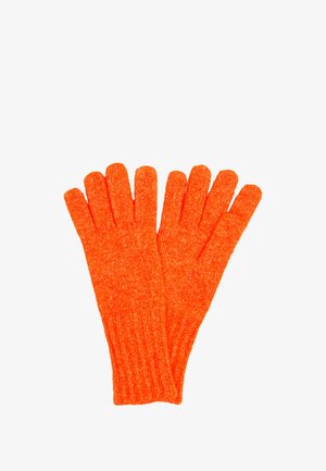 Guanti di lana arancioni con dita individuali, caratterizzati da un tessuto testurizzato e polsini a coste per una presa migliore. Ideali per calore e destrezza.