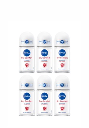 Sechs Nivea Dry Comfort Roll-On-Deodorants, 72 Stunden alkoholfreier Anti-Transpirant mit Doppel-Schutz, angeordnet in zwei Reihen.
