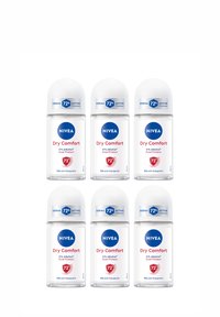 Six clear roll-on deodorant bottles arranged in two rows, each with a white cap and blue label stating "NIVEA Dry Comfort" and product details.