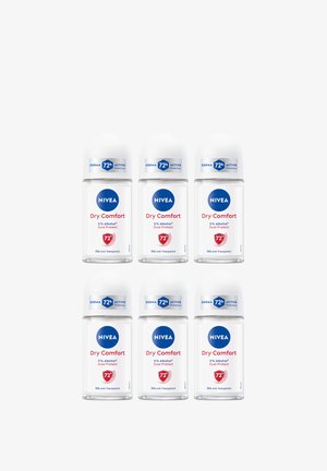 Six clear roll-on deodorant bottles arranged in two rows, each with a white cap and blue label stating "NIVEA Dry Comfort" and product details.