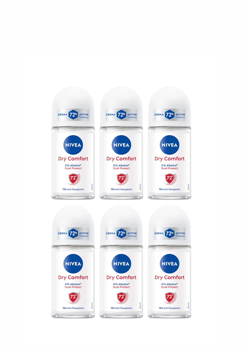 Six clear roll-on deodorant bottles arranged in two rows, each with a white cap and blue label stating "NIVEA Dry Comfort" and product details.