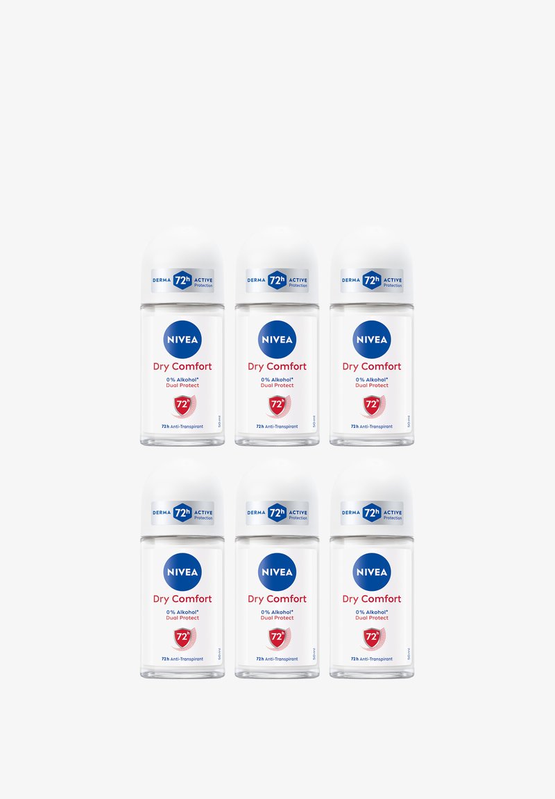 Sechs klare Roll-on-Deodorant-Flaschen sind in zwei Reihen angeordnet, jede mit einem weißen Deckel und einem blauen Etikett, auf dem "NIVEA Dry Comfort" sowie Produktdetails stehen.