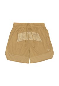 Μπεζ σορτς από δίχτυ με ελαστική μέση, κορδόνι και λευκό τυπωμένο λογότυπο στο μπροστινό μέρος. Διαθέτει υφή στο ύφασμα και αντίθετο στρίφωμα.