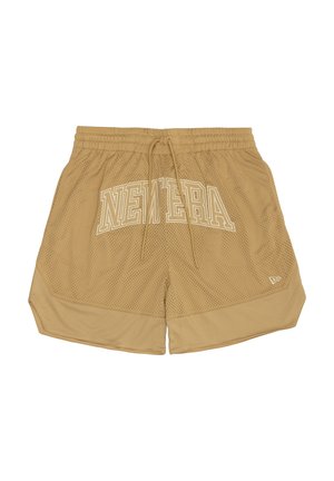 Μπεζ σορτς από δίχτυ με ελαστική μέση, κορδόνι και λευκό τυπωμένο λογότυπο στο μπροστινό μέρος. Διαθέτει υφή στο ύφασμα και αντίθετο στρίφωμα.