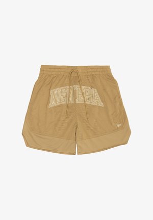Beżowe szorty z siateczki z elastycznym pasem, sznurkiem oraz białym nadrukiem logo na przodzie. Charakteryzują się fakturowanym materiałem i kontrastowym obszyciem.