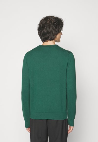 Green knitted sweater with long sleeves, crew neck, and ribbed hem. Material appears soft, with a smooth texture and fitted design.