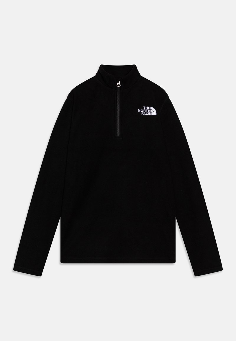 Svart fleece-pull med hög krage, fjärdedelsdragkedja, långa ärmar och en vit logotyp på vänster bröst. Mjuk textur, utan mönster.