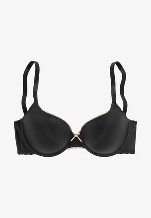 Black padded bra with adjustable straps, scalloped beige trim along the top, and front clasp featuring a small decorative detail.