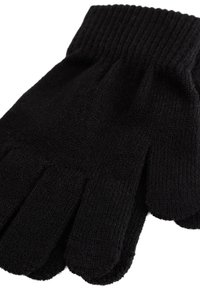 Juodos megztos pirštinės su tekstūruotu paviršiumi ir raštuotu riešo užsegimu. Sukurtos taip, kad tvirtai priglustų, su atskiromis pirštų sekcijomis, užtikrinančiomis judrumą.