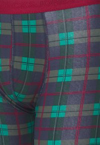 Herren Boxershorts aus weichem Stoff, mit einem dunklen Karomuster und Akzenten in Grün, Marineblau und Rot, sowie einem roten Bund mit Markenlogo.