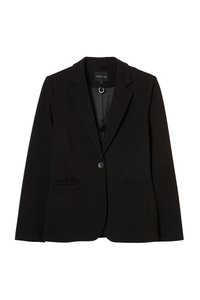 Svart kavaj i slätt tyg, med enkel knappstängning, spetsiga slag, sidfickor och en skräddarsydd passform.