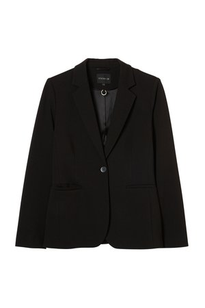 Black blazer made from smooth fabric, featuring a single button closure, notched lapels, side pockets, and a tailored fit.