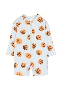 Body de court à manches courtes, de couleur bleu clair, orné d'un visage souriant orange et de motifs de basketball, avec une fermeture éclair à l'avant et des manches raglan.