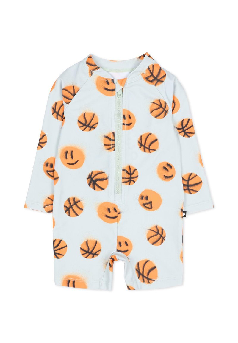 Body de court à manches courtes, de couleur bleu clair, orné d'un visage souriant orange et de motifs de basketball, avec une fermeture éclair à l'avant et des manches raglan.