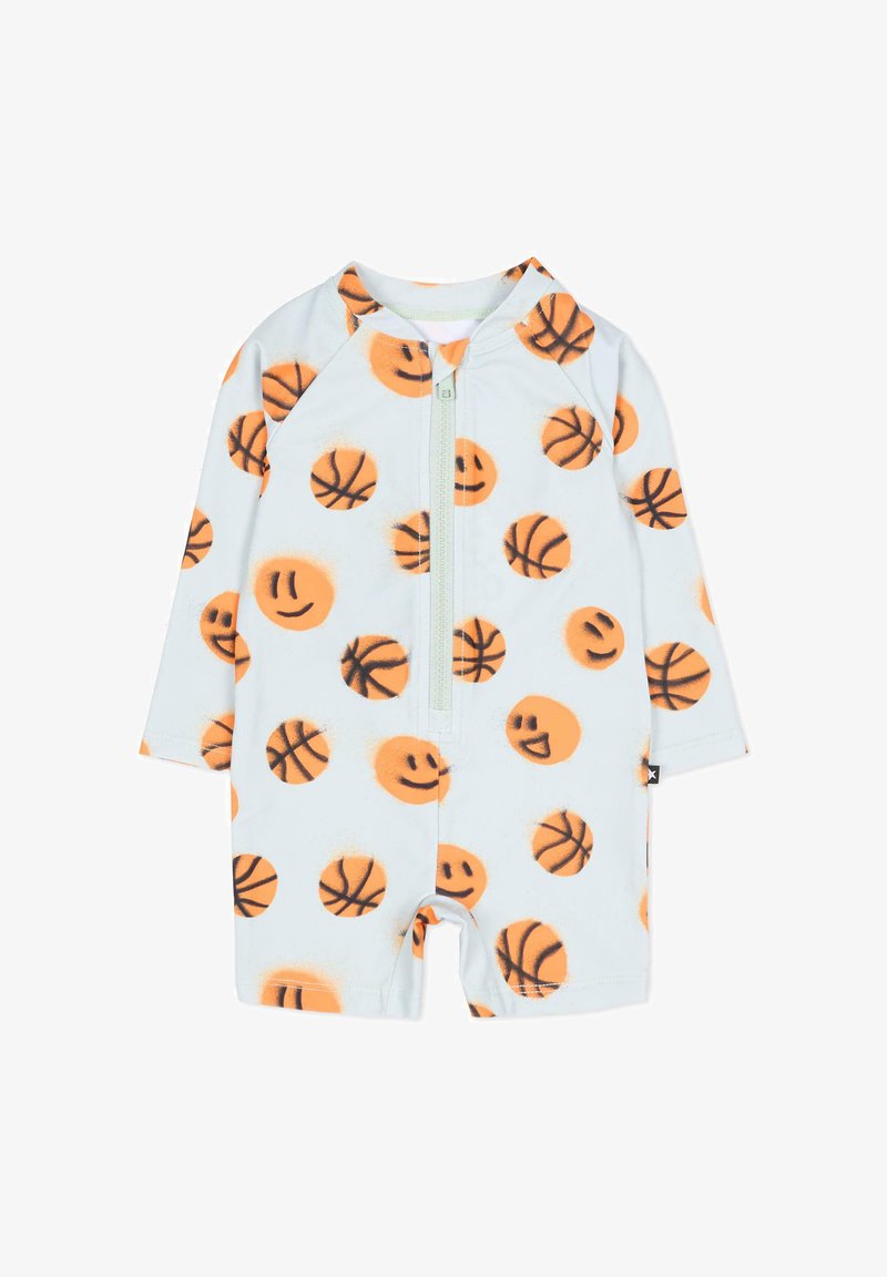 Body de court à manches courtes, de couleur bleu clair, orné d'un visage souriant orange et de motifs de basketball, avec une fermeture éclair à l'avant et des manches raglan.