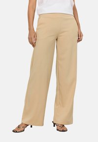 Wide-leg beige trousers made of smooth fabric with a flat waistband and no visible fasteners, paired with animal print sandals.