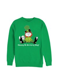 Sudadera verde con un leprechaun de dibujos animados, con barba naranja, usando un sombrero verde y sosteniendo una cerveza, con el texto "¡Feliz Día de Beber de San Patricio!".